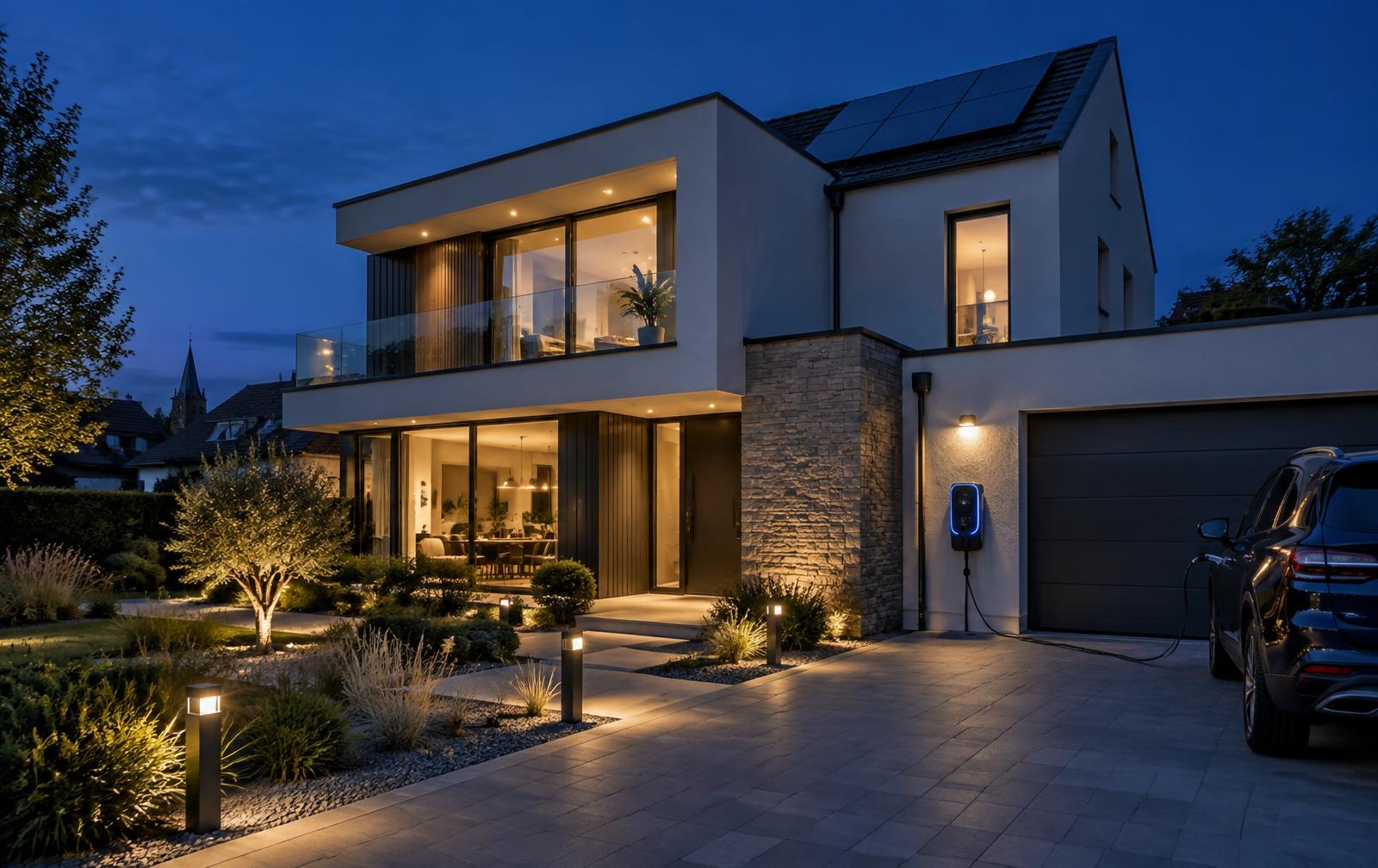 Illustration d'une maison contemporaine au crépuscule avec éclairage extérieur, panneaux photovoltaïques et borne de recharge